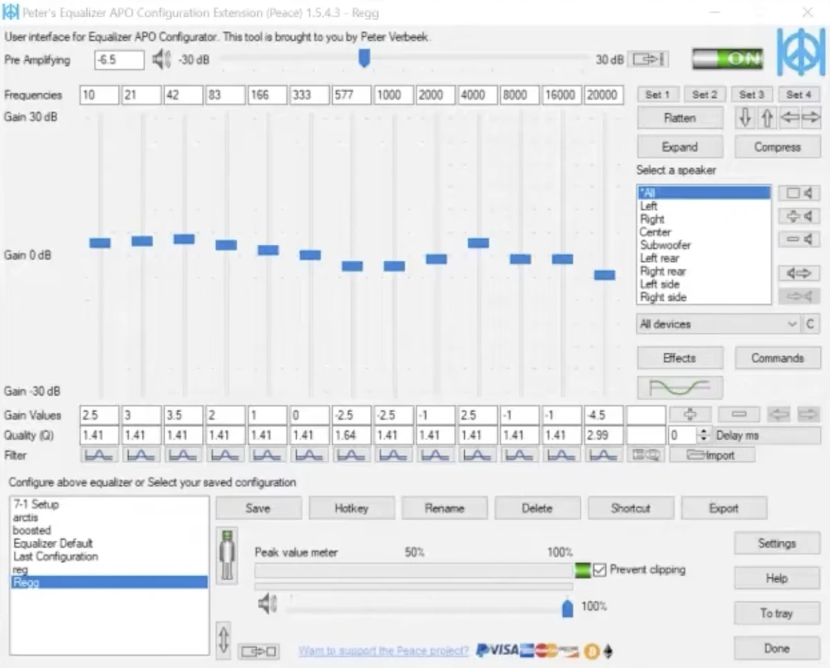 Peace Equalizer GUI Interface with 31-Band Equalizer Sliders and Response Curve
